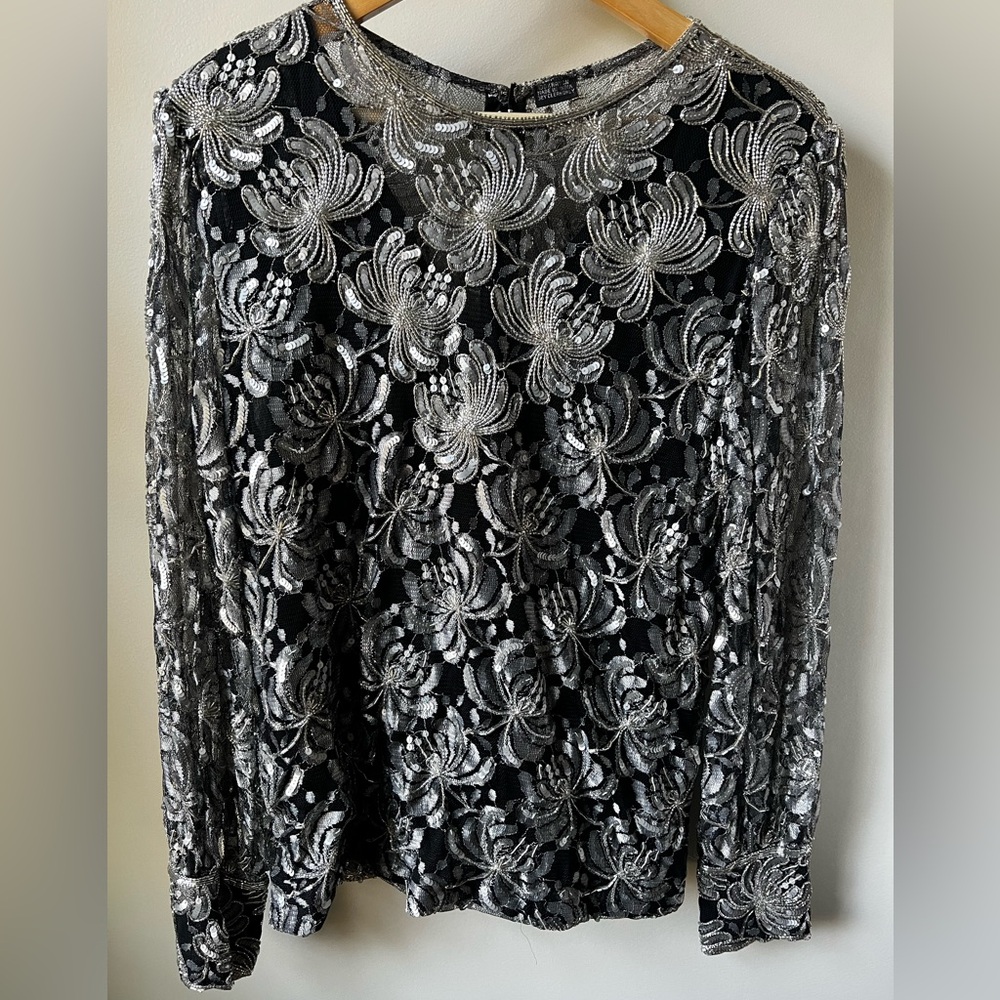 LA BOTTEGA‎ Sequined Beaded Vintage Blouse Top Floral Old Money Classic Opera S
